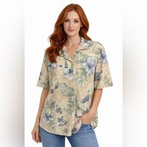 Vintage Nautical Hawaiian Shirt Tropical Floral Map Print Button Front Top
